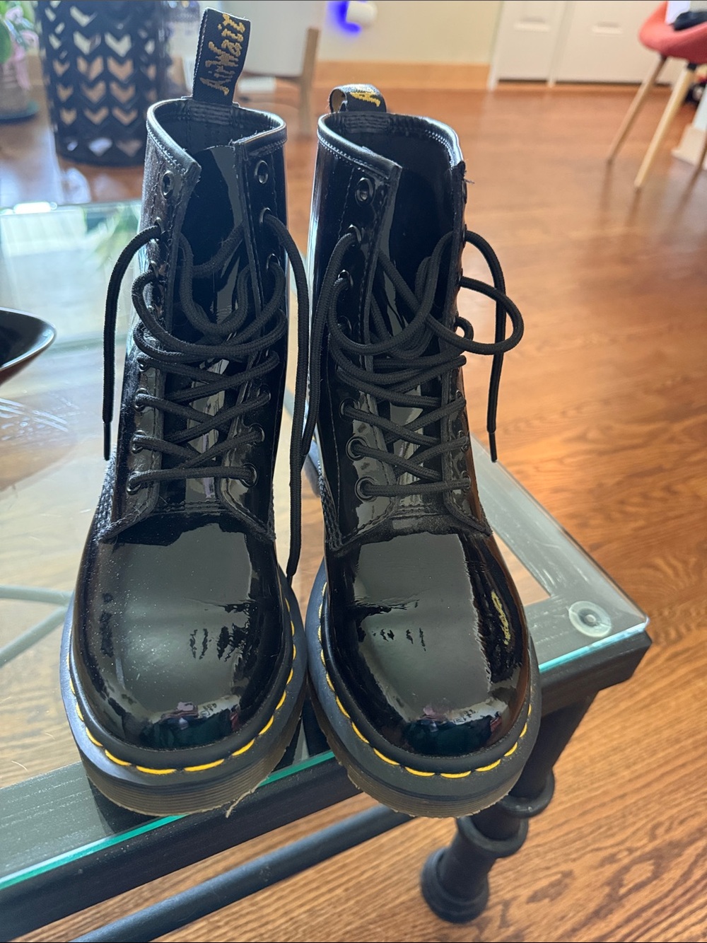 Dr. Martens Black Patent Lace-Up Boots with Yellow Stitching